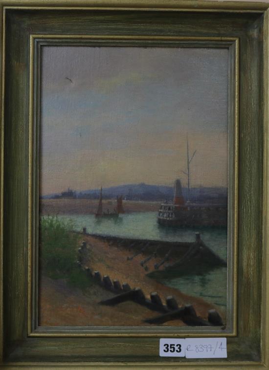 Brooke Harrison, oil on canvas, fishing boat leaving harbour, signed 34 x 23cm